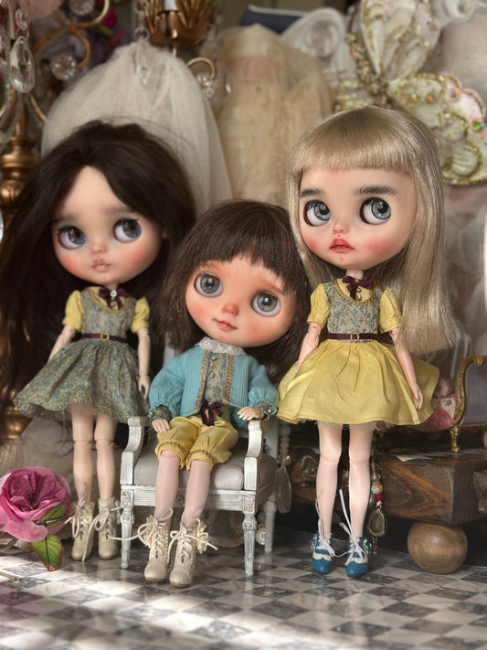 Beautiful blue and yellow silk Blythe doll dress
